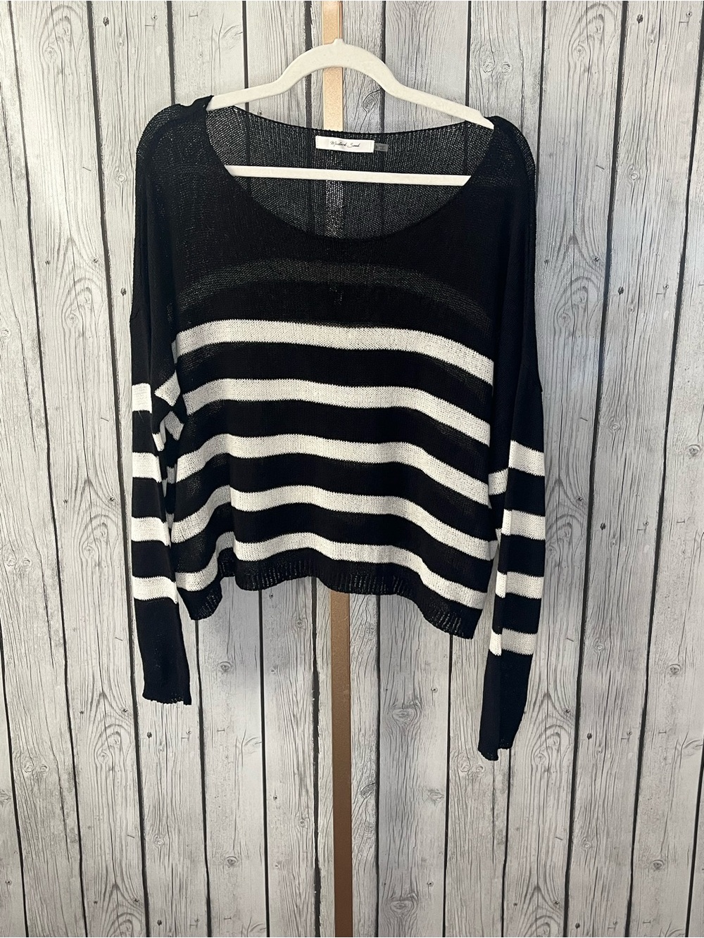 Mustard Seed Striped Open Knit Sweater Black White Scoop Neck Small S